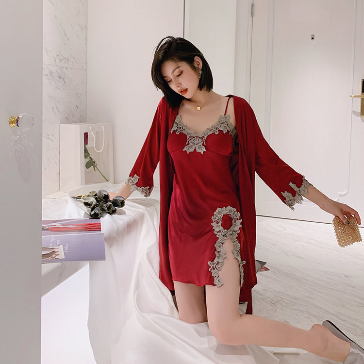 2PCS Pajamas Set Womens Long Sleeve Nighty Robe V-Neck Sleep Wear Pijama Home Nightie Sexy Bathrobe Gown Suit vest with Chest Pad Silk Slip Nightdress