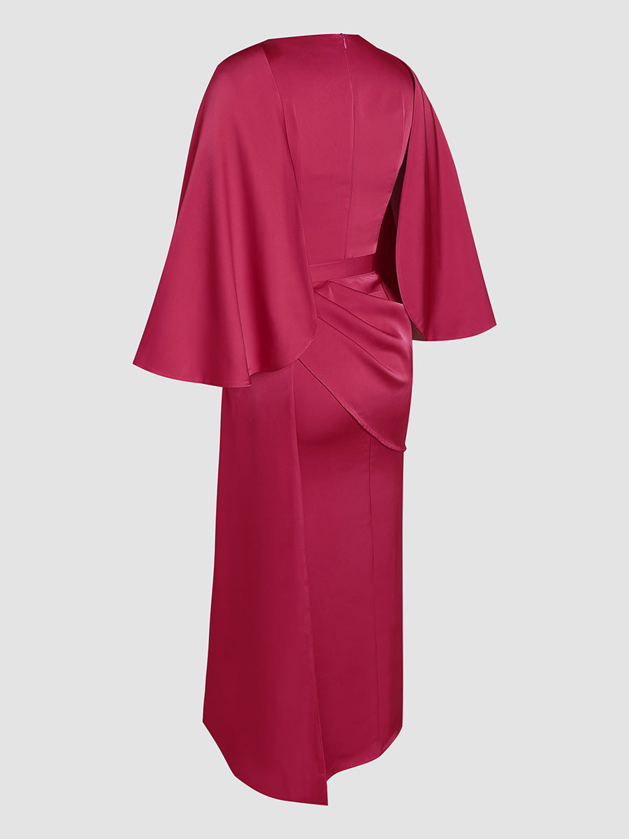 Rose Red Elegant Waisted Asymmetric Slit Dress