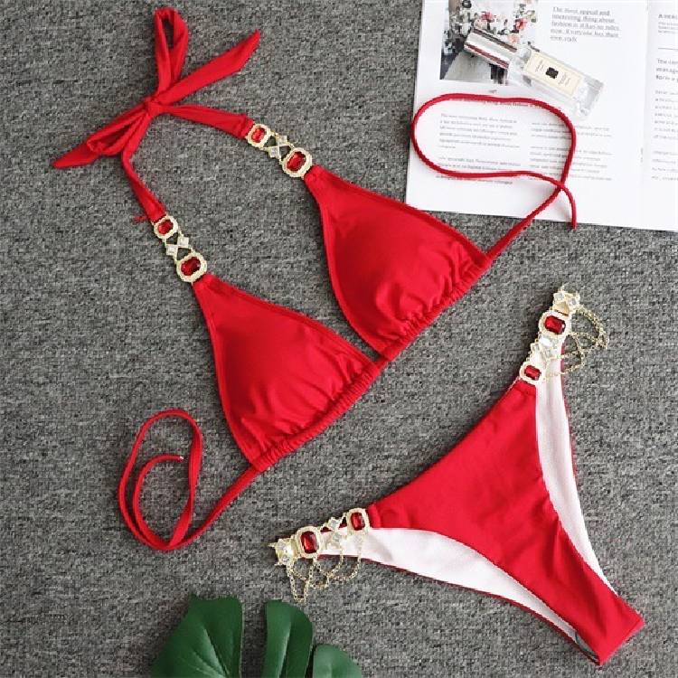 Sports Bikini Crystal Diamond Bandage Red Split Female Swimsuit High Waist Two piece Pure Color Halter Bikini