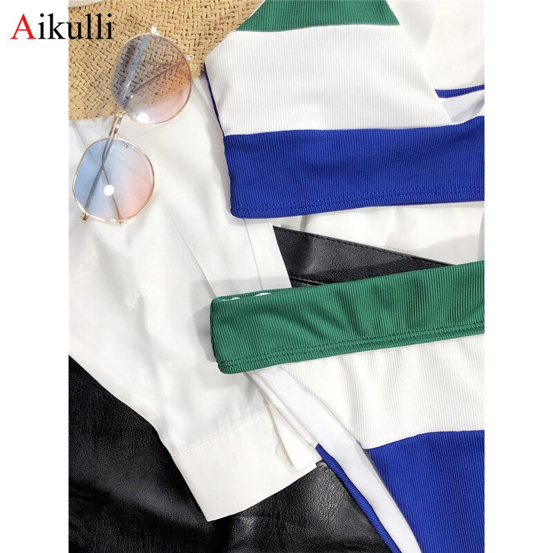 New  Waist Bikinis Swimsuits Women Stitching Two-Piece  Set Push Up Brazil Swimwear Female Summer Beach Bathing Suits