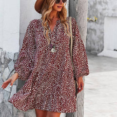 ليوبارد فستان زهري للنساء خريف كم طويل فستان كاجوال بوهو الخامس الرقبة فساتين حريمي فضفاضة نمط المهنة ملابس الشاطئ النسائية 