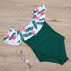 Plus size bikini swimsuit European and American big ruffles one-shoulder  print swimsuit