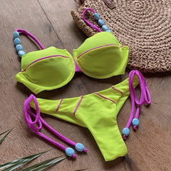 Solid color split swimsuit bikini hot sale new lace up bikini women