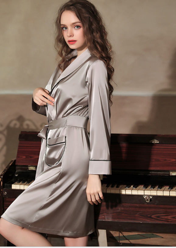 European and American spring and summer home clothes sexy deep V  silk private room medium length robe bathrobe suit (robe + belt)