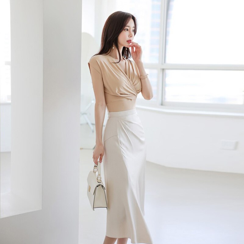 Vintage Short Sleeve Bodycon Tops Sexy Women OL Asymmetrical High Waist Midi Skirt Casual V-Neck Criss-Cross Blouse 2 Pieces Set