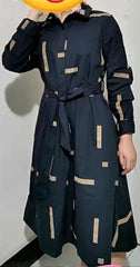 Elegant Fashion Geometric Print Belt Dress 2022 Spring Long Sleeve Lapel Loose Pullover Midi Dress Women Clothes 2r20 Print Irregular