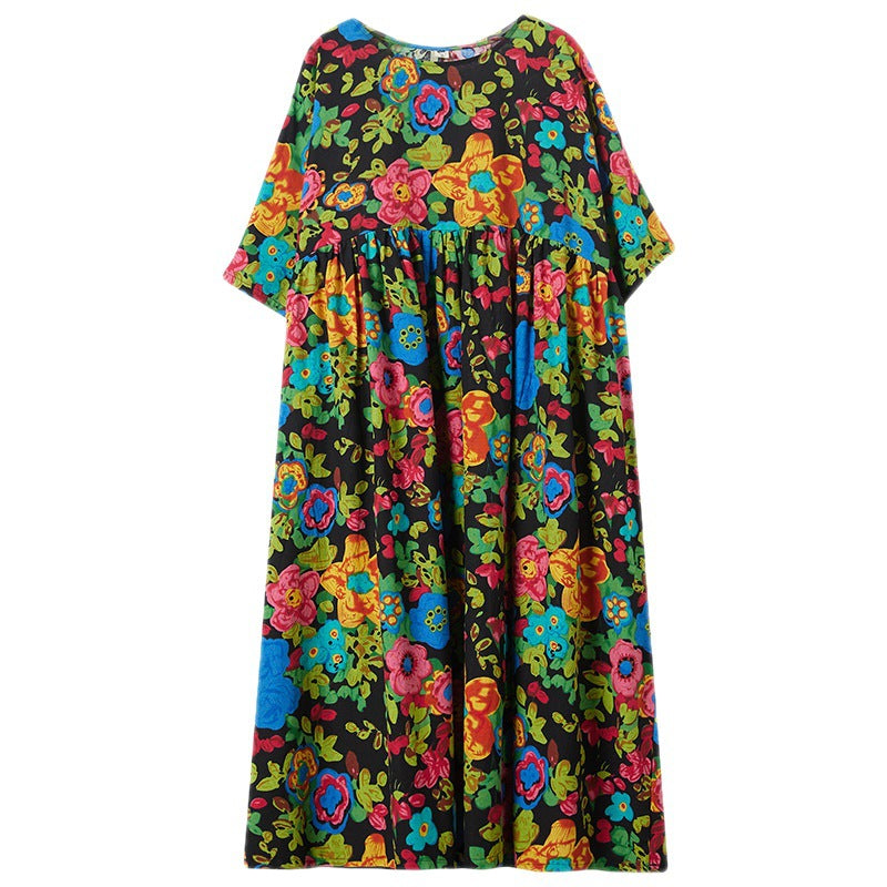 Simple bohemian dress 2023 summer new pastoral style extra wide short-sleeved large  dress
