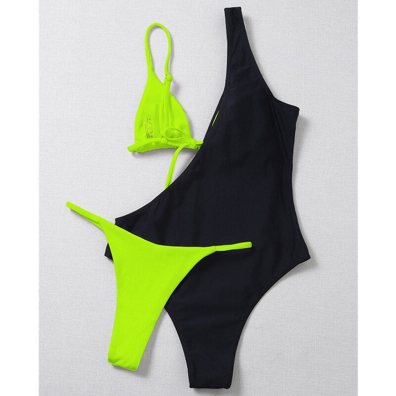 بيكيني مثير مثير قطعة واحدة ملابس السباحة النسائية ثلاث قطع بكتف واحد ملابس السباحة 2021 الصيف الشاطئ الإناث Monokini لباس سباحة