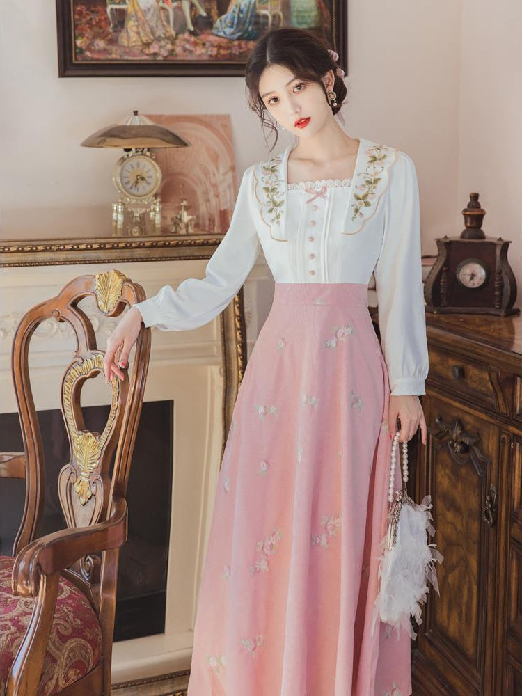 Retro  Dress Women Stitching Pink Elegant Midi Dress Women Korean Fashion One Piece Casual Dress