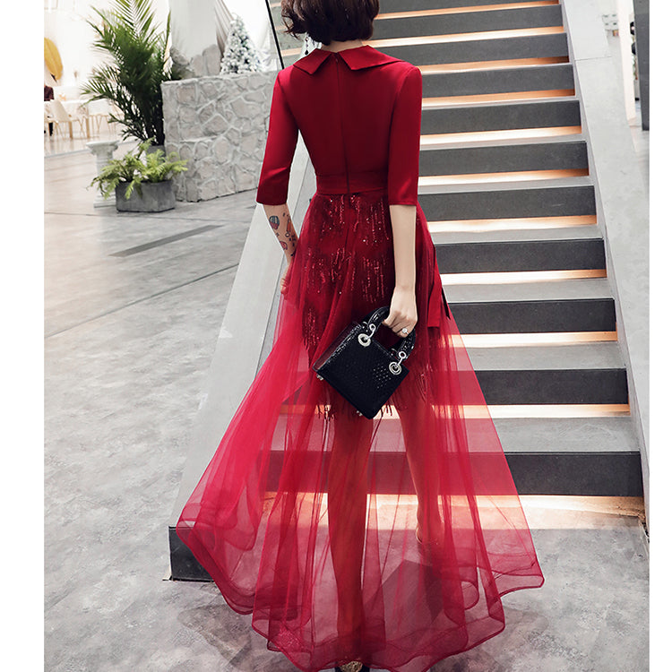Women's front short and back long fashionable party dress V-neck mid-sleeve fringed sequin birthday party dress Slim bag hip skirt