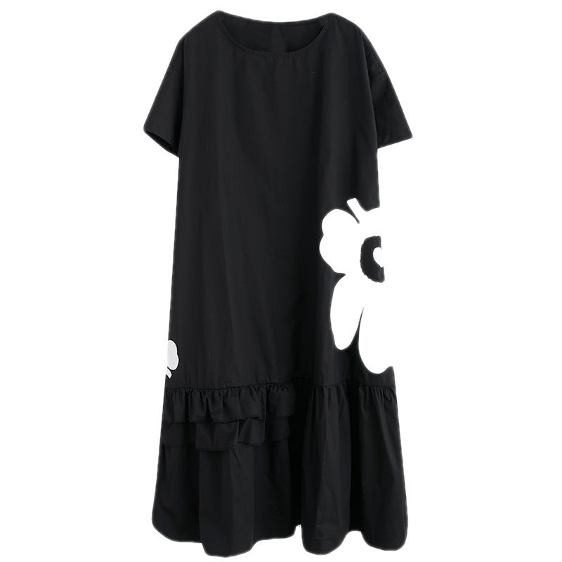 Large size women's clothing 2022 summer new black mid-length cotton printed dress niche large   long skirt
