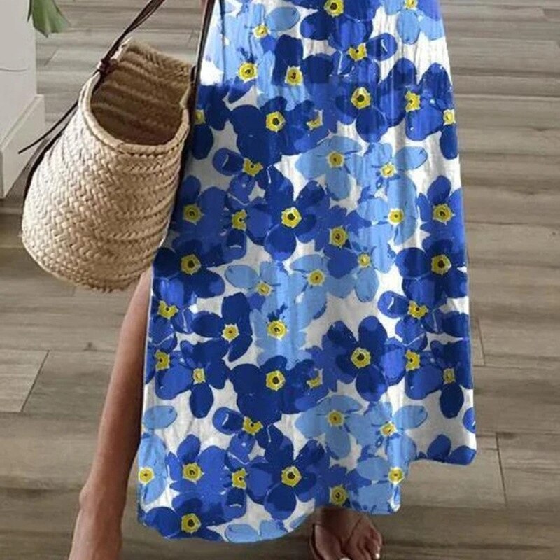 فستان نسائي صيفي بنمط بوهو مطبوع عليه زهور بأكمام قصيرة وياقة على شكل V فستان طويل للسيدات لحفلات الشاطئ فساتين مثيرة بفتحة 