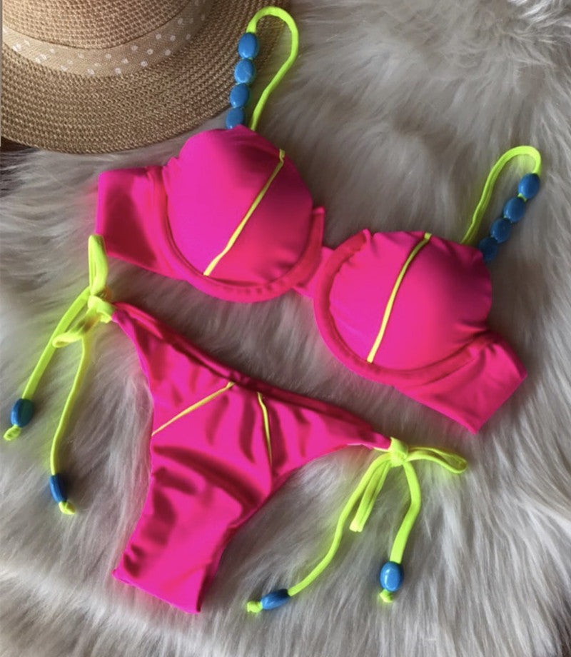 Solid color split swimsuit bikini hot sale new lace up bikini women