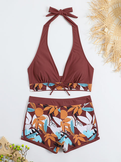 2023 Halter Bikini Set Short Swimsuit Women High Waist Swimwear Female Printed Bathers Swimming Bathing Swim Suit Beachwear
