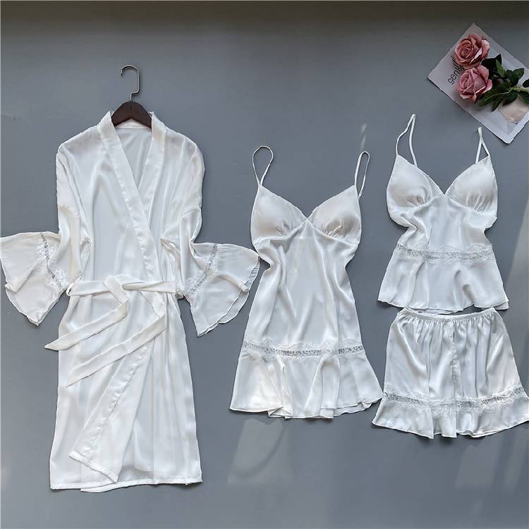 Summer Pajamas Women Chest Pad Nightgown Strap Silk Nightdress 4 Pcs Set Tops Long Sleeve Pijama Mujer Lingerie