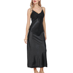 HOTSummer ثوب نوم حرير المرأة مطوي الخامس الرقبة أكمام ماكسي ثوب النوم الحرير ثوب النوم المرأة مطوي الخامس الرقبة بلا أكمام ماكسي Nig