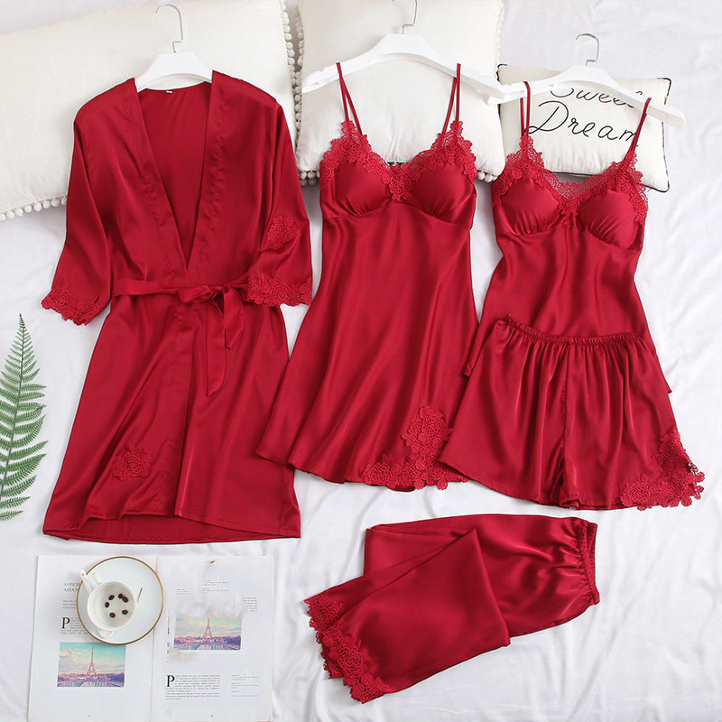 Five-piece pajamas women's summer thin ice silk suspender nightdress nightgown set