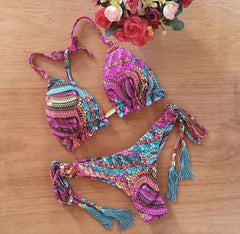 Brazilian Split Ladies Printed Swimsuit With Underwire Chest Pad Sexy Triangle Bikini
