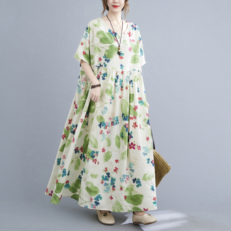 Oversized women's 2023 summer new style literary fat MM fattening enlarged  and thin printed short-sleeved dress