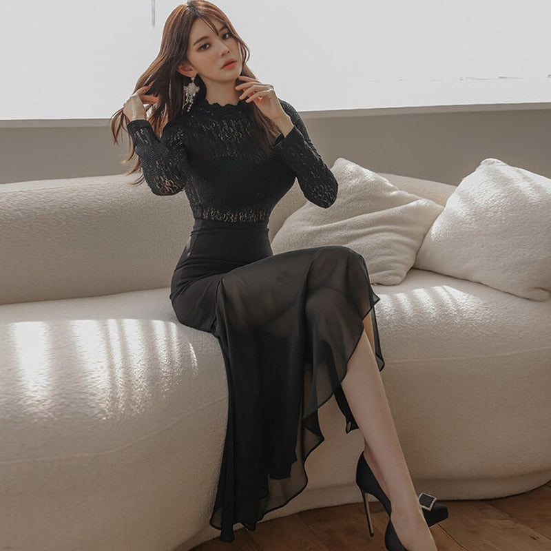 Fashion Women Vintage Sexy Lace Perspective Midi Party Club Dress Elegant Coffee Break Robe Black Skinny Bodycon Female Dress