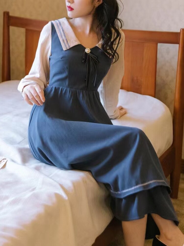 فستان كوري طويل الأكمام ميدي للنساء تصميم فيونكة فستان حفلات ضيق غير رسمي لخريف 2022 فستان بوهو أنيق ملابس نسائية