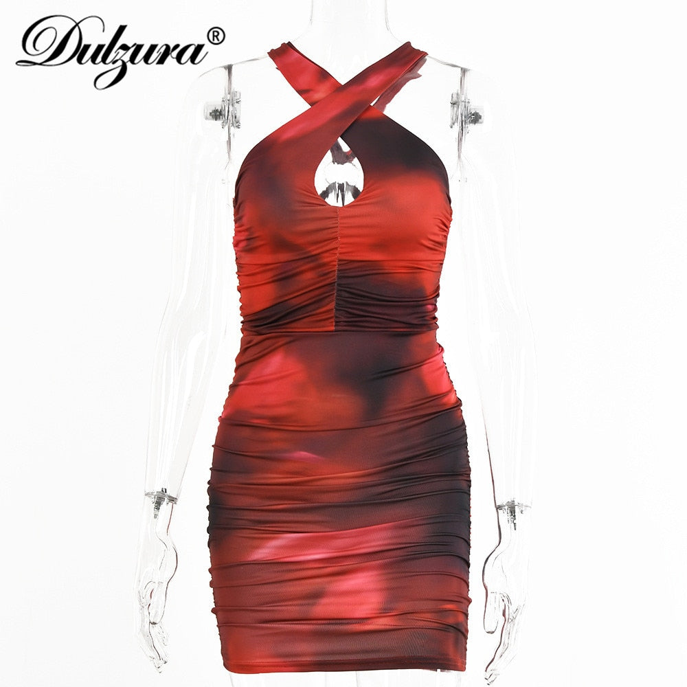 Dulzura Tie Dye Print Women Mini Dress Ruched Patchwork Hollow Out Cross Bodycon Backless Sexy Streetwear Party Club 2021 Summer