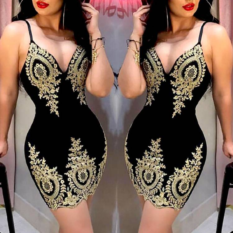 Women's Slim Print Fashion Sling Spaghetti Bodycon Lace Strappy Ladies Evening Party Mini Short Dress Size S XL V Neck