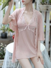 Mature Ladies Nightdress Lace Deep V Halter Underwear Short Skirt + Jacket