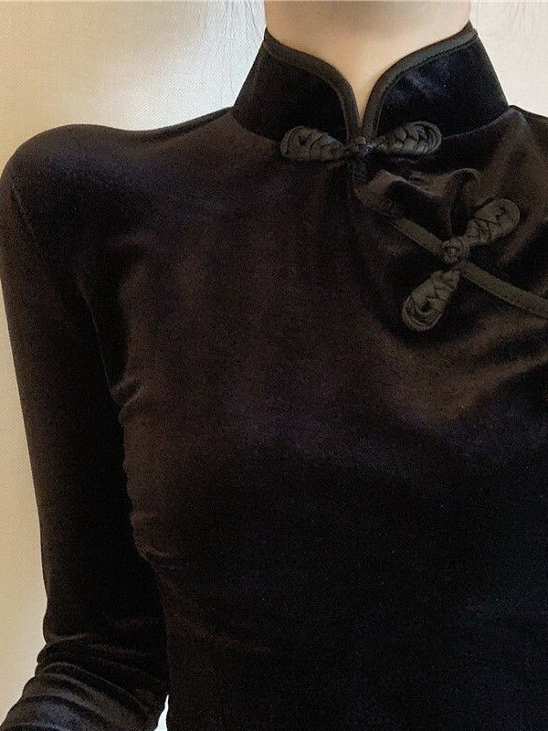 SXGOTH Dark Academia Alt Goth Velvet Dress Cheongsam Sexy  Bodycon Slit Punk Winter Pleated Female Casual Hollow Black