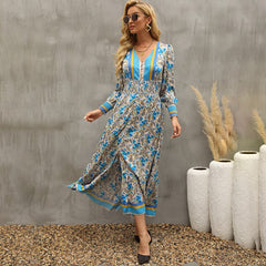 فستان نسائي طويل ماكسي بنمط بوهو مطبوع عليه زهور أنيق على شكل حرف V Nekc فساتين بأكمام طويلة فستان نسائي أنيق بفتحة أمامية على شكل حرف A 