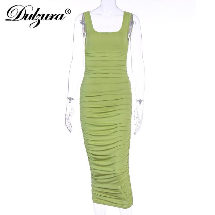 Dulzura ruched women midi shirt dress bodycon sleeveless elegant party backless streetwear 2020 spring summer clothes club