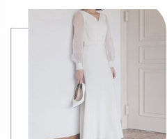 Hot selling new French light wedding dress super  simple white satin bride go out gauze V-neck long-sleeved  party daily dress women