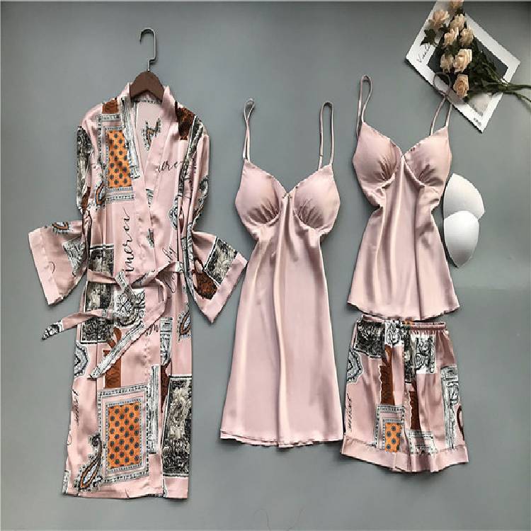 Spring and Autumn Pajamas Women Chest Pad Nightgown Strap Silk Nightdress 4 Pcs Set Tops Long Sleeve Pijama Mujer Sexy Lingerie