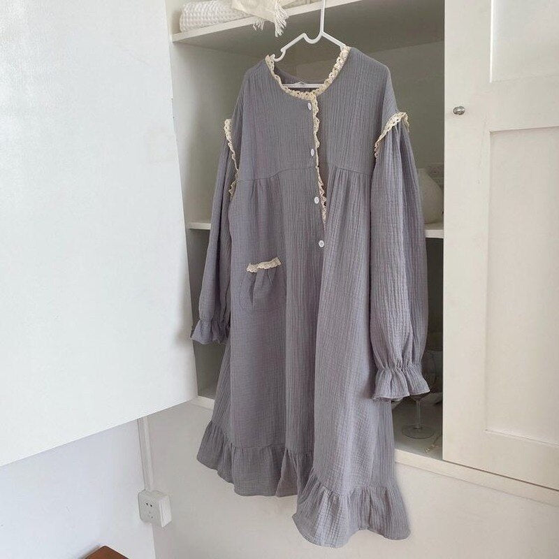 QWEEK Cotton Sleepwear Women Korean Nightdress Autumn Long Dress Nightgown Lace Nightie Long Sleeve Nightwear Female Loungwear