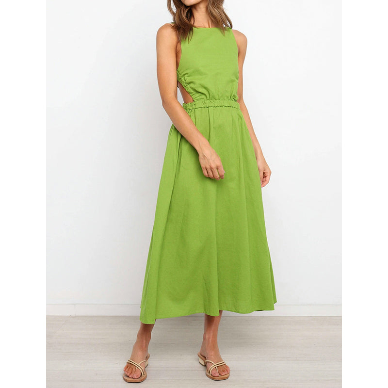 2023 Summer New Women's Fashion Sexy Solid O Neck Sleeveless Backless Hollow Out Tunic Elastic Waist Dress Lady Bodycon