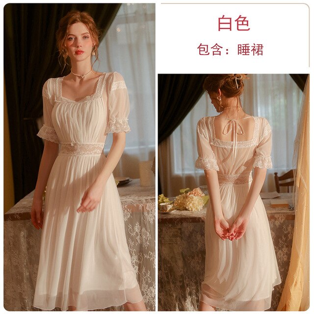Women Retro Short-sleeved Nightdress Sweet Mesh Lace Long Nightgowns Girls Sexy Lingerie European Court Style Sleepwear Dress
