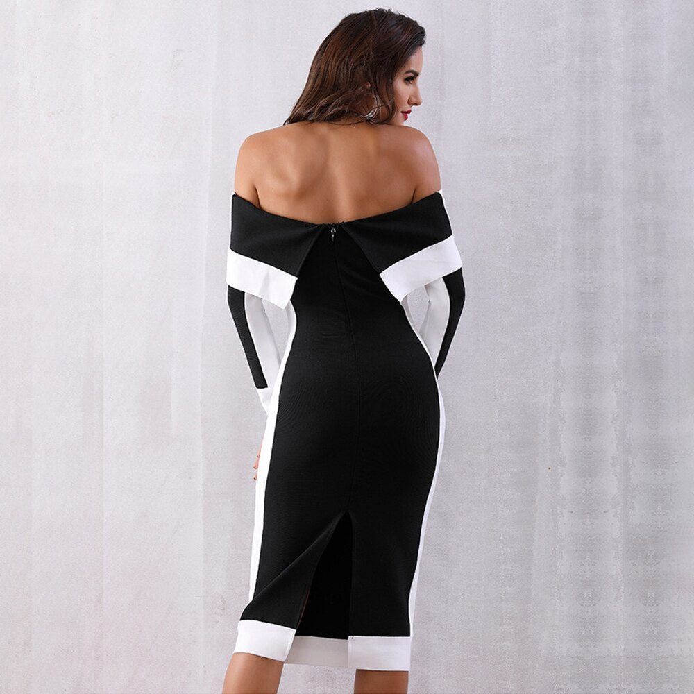 Sexy Off Shoulder Slash Neck Bodycon Dress Patchwork Black White Runway Evening Party Dress Women Elegant Nightclub Pencil Dress