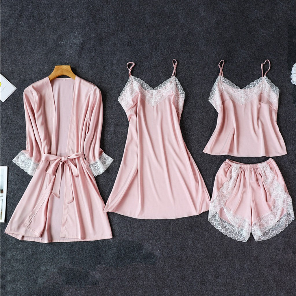 Pajamas Sexy Four-piece Suit Simulation Silk Suspender Nightgown with Chest Pad Ladies Can Wear Nightdress