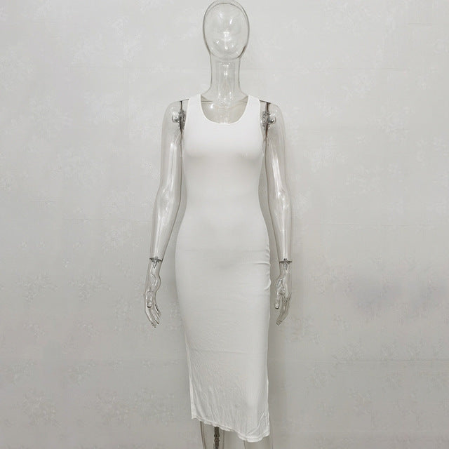 Women's Skinny Midi Dress Summer Sundress Sexy Sleeveless Side Slit Party Bodycon Dress