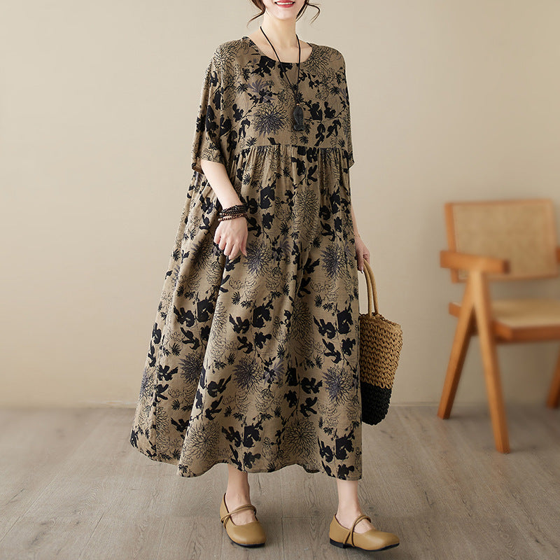 Middle-aged fat mother shows thin dress 150 jin 180 jin fat mm large size women's retro floral temperament long skirt