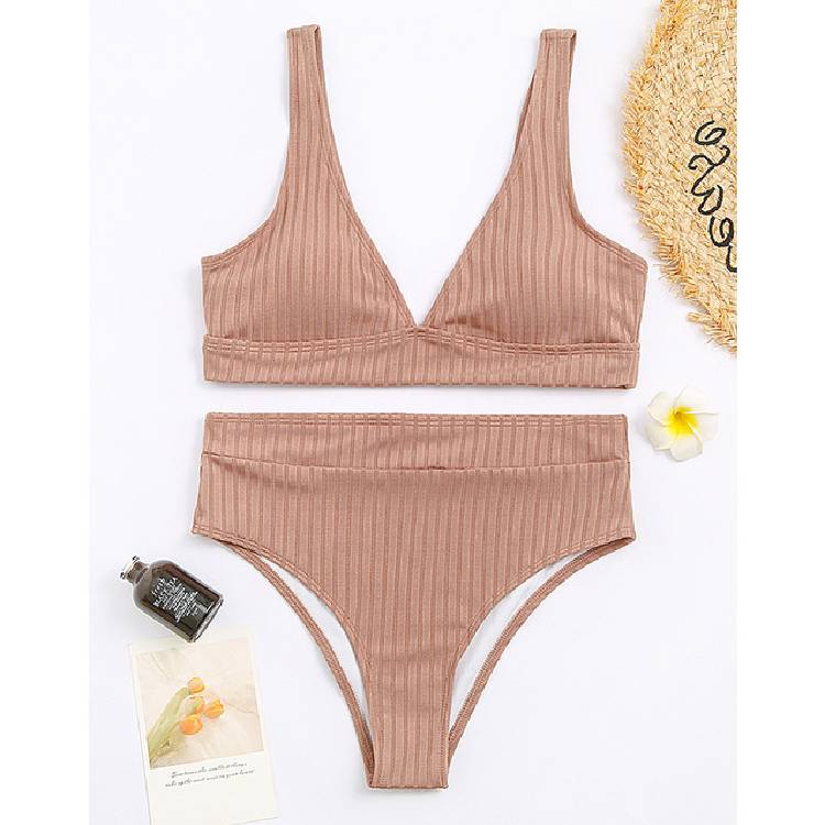 Peachtan solid  bikinis 2021 mujer  waist swimsuit women V neck swimwear female Sport bathing suit Stripe biquini