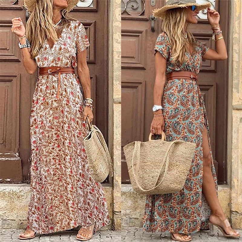 2022 Summer Boho Women's Long Dress V Neck Short Sleeve Floral Printed Beach Dresses Female Elegant Vintage Dress with Belt