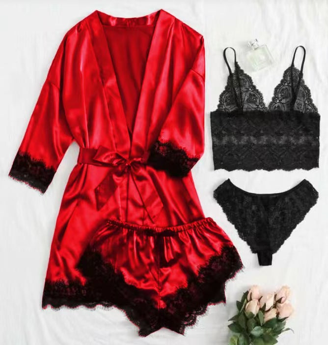 New European and American women's pajamas four-piece set with suspenders pajamas women's summer suit with nightgown nightdress