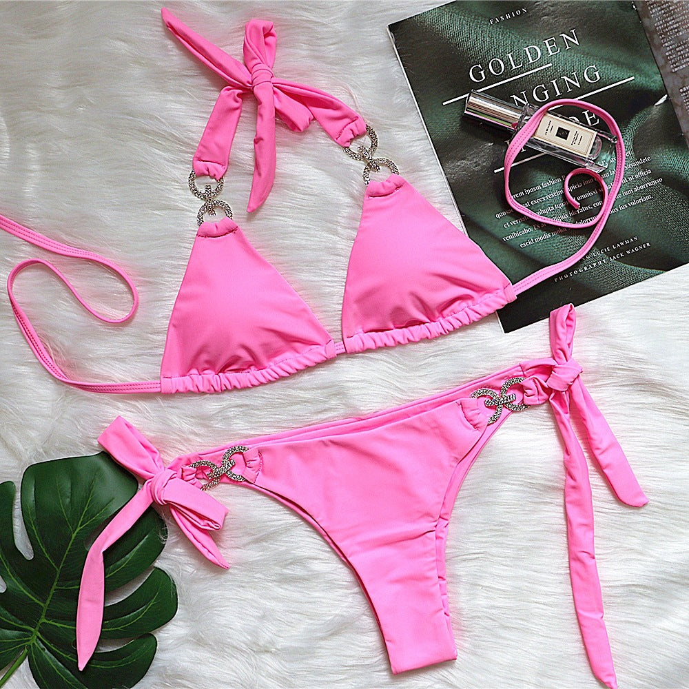 New swimsuit sexy crystal diamond solid color bandage bikini beach vacation swimwear female spot