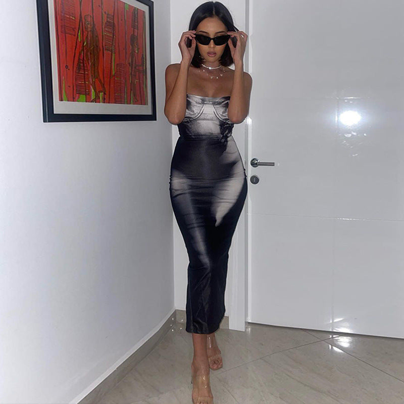 Popular European and American Spicy Girls Casual Fashion Print  Chest Dress