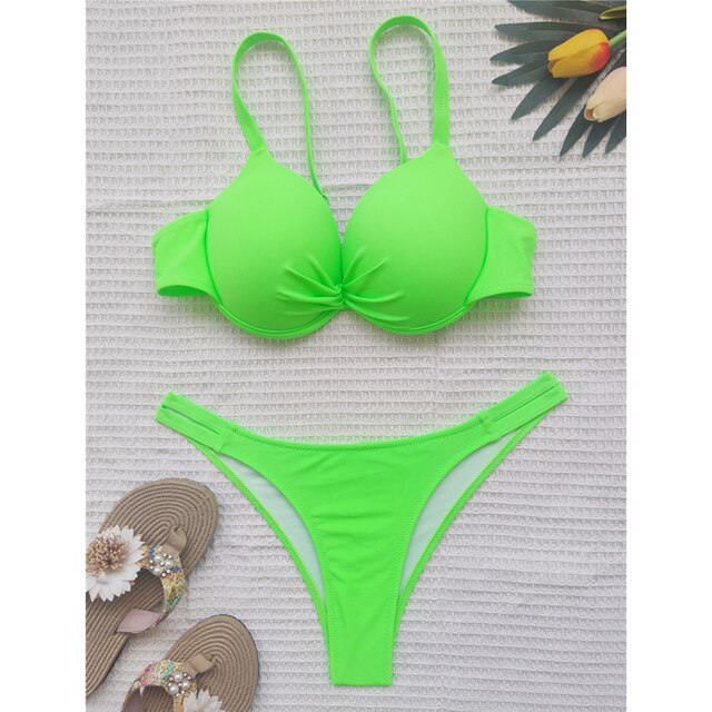 2021 New Sexy V-Bar Underwired Bikinis Swimsuit Women's Solid Swimwear Push Up  Set Summer Beach Female Swim Bathing Suits