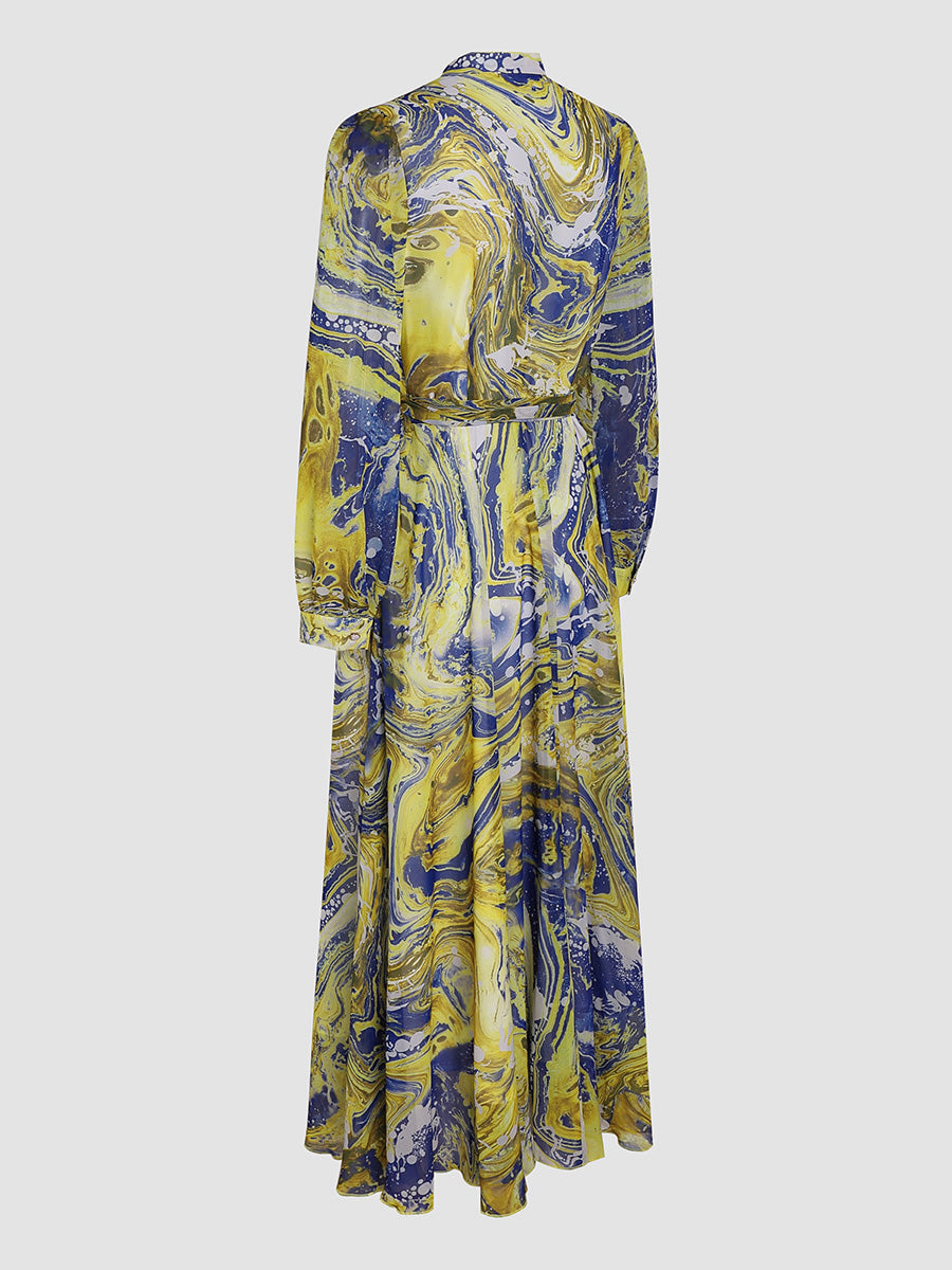 Yellow Printed Rendering Waist  Dress