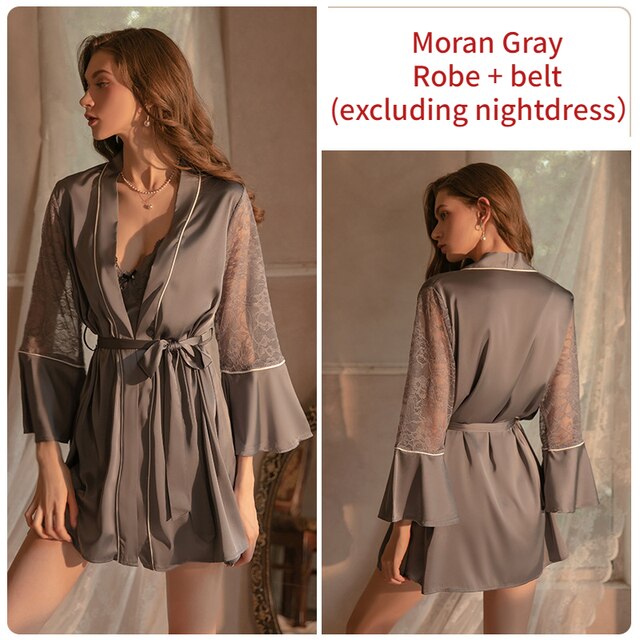 Women's Sexy Robe Nightgown Nightdress Thong Set Satin Lace Thin Skirt Femme V collar Charming Home clothing Bathrobe Sleepwear