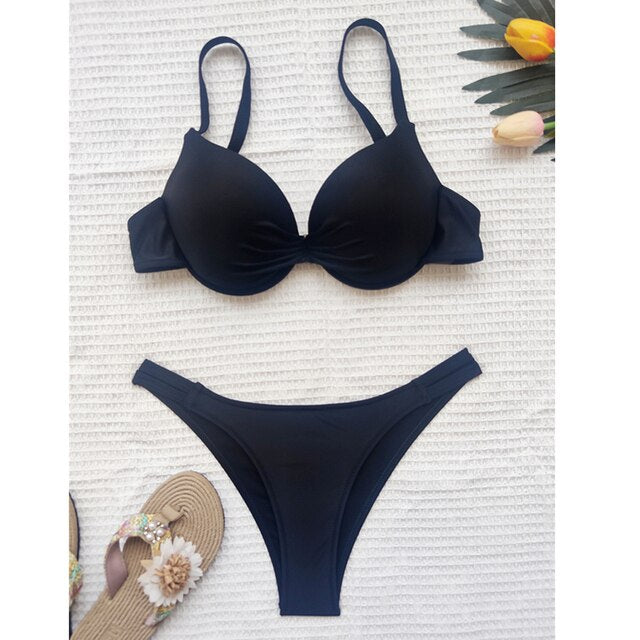 2021 New Sexy V-Bar Underwired Bikinis Swimsuit Women's Solid Swimwear Push Up  Set Summer Beach Female Swim Bathing Suits