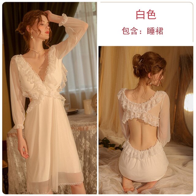 Women Sexy Nightdress Mesh Perspective Romantic Sweet Nightgowns Femme Deep V Backless Long Sleeves Sleepwear Nighty For Ladies